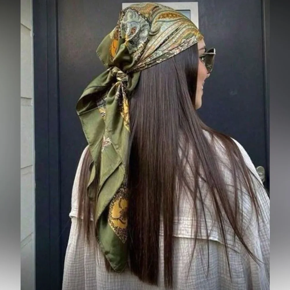 Boho Green Floral Paisley Silk Headscarf
